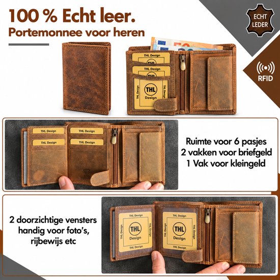 Bruine vintage leren heren portemonnee, geopend om vakken met pasjes, briefgeld en een ritsvak te tonen. RFID bescherming.
