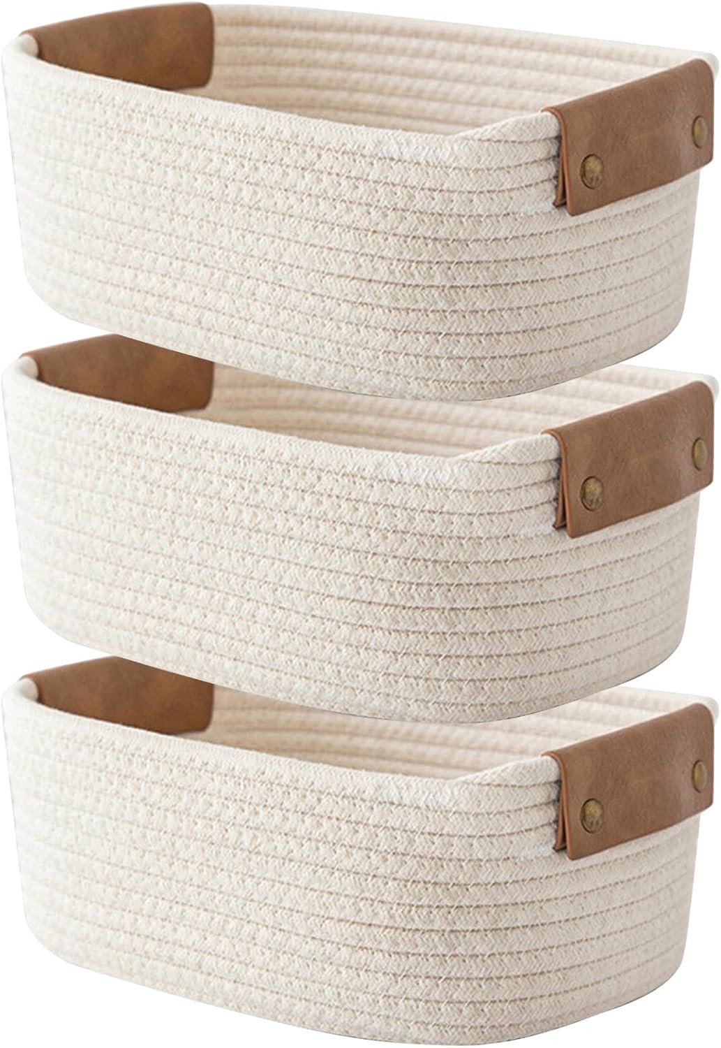 3-delige Witte Gevlochten Katoenen Opbergmand met Bruine Leren Handgreep, Ideaal voor Opslag op Plank, Tafel en Lade, 11 x 22 x 11 cm