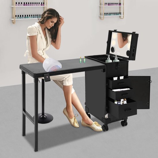Opvouwbare cosmeticakoffer, met tafel, drievoudige zekering, 1 groot vak, 3 laden, cosmeticakoffer, trolley met lichtspiegel, beauty-trolley met wielen (zwart) — afbeelding 3