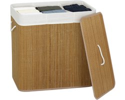 Wasmand Bamboe met deksel - 144 liter capaciteit - 3 aparte vakken - Afneembare wasbare binnenzak - Met handgrepen - Bruine kleur