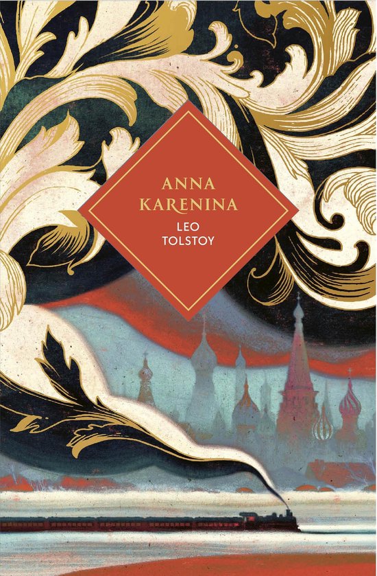 Boekomslag van Anna Karenina door Leo Tolstoj met goudkleurige barokke motieven en een Russisch stadsgezicht met trein.