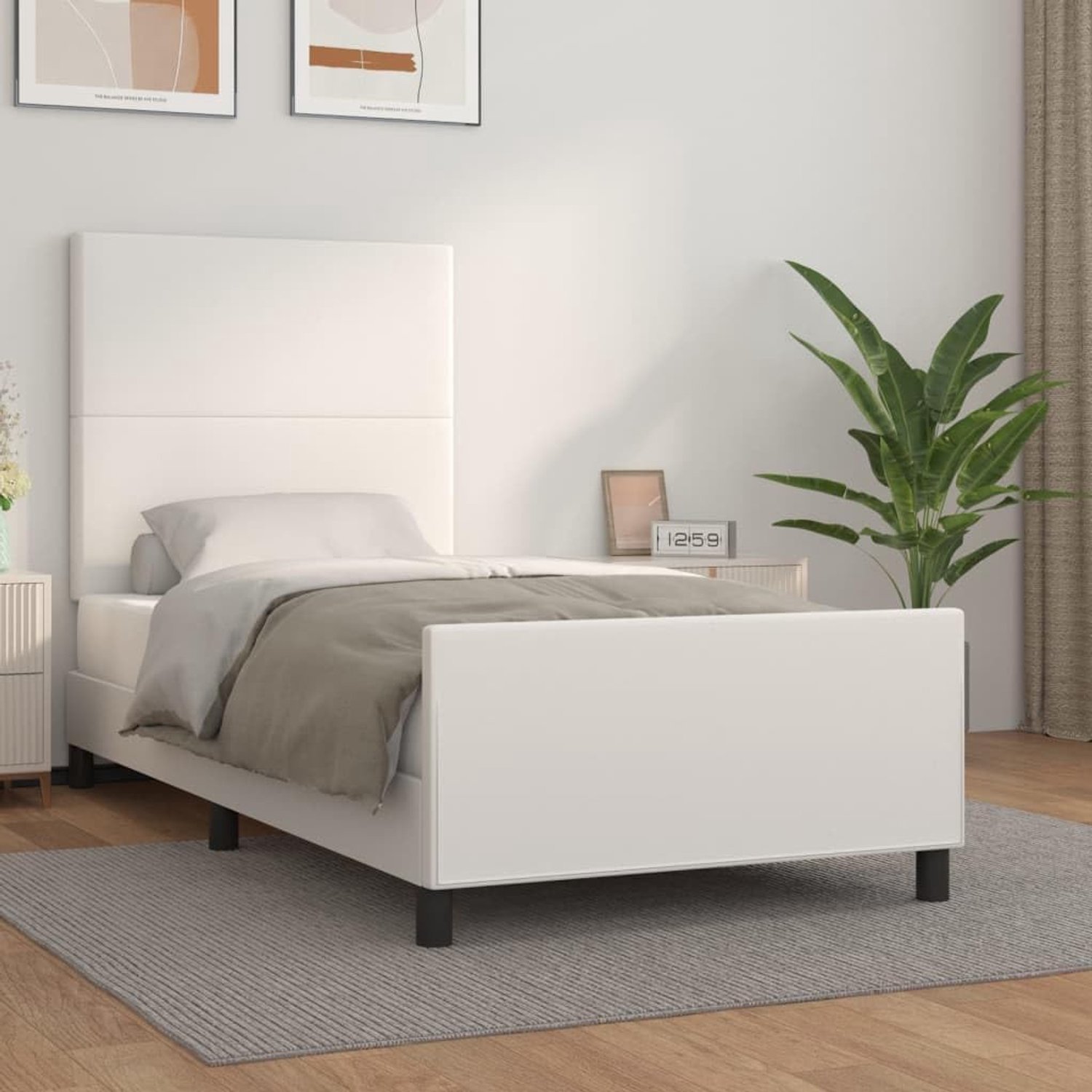 Bedframe met hoofdeinde, wit, 90 x 190 cm, kunstleer, hotelbedframe, logeerkamer, bedframe voor slaapkamer, familiebed, voor slaapkamer, hotel, logeerkamer