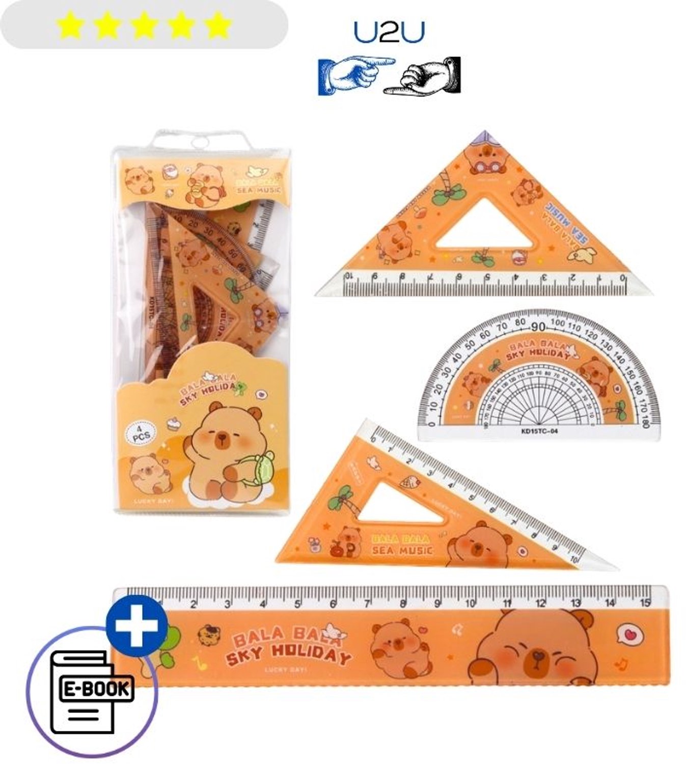 Capybara Geometrische Set 4-delig – Liniaal, Geodriehoek 45° en 60°, Gradenboog, Transparante Kunststof Meetset voor School, Tekenen en Wiskunde, Schattig Capibara Design, Inclusief Opbergdoos, Voor Kinderen en Scholieren Met Ebook