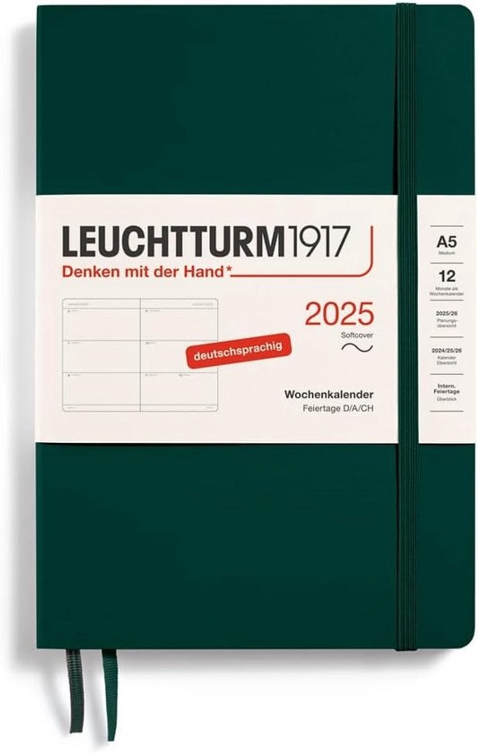 Weekkalender A5 met softcover, 2025, gelinieerd - Planner voor 12 maanden, bosgroen
