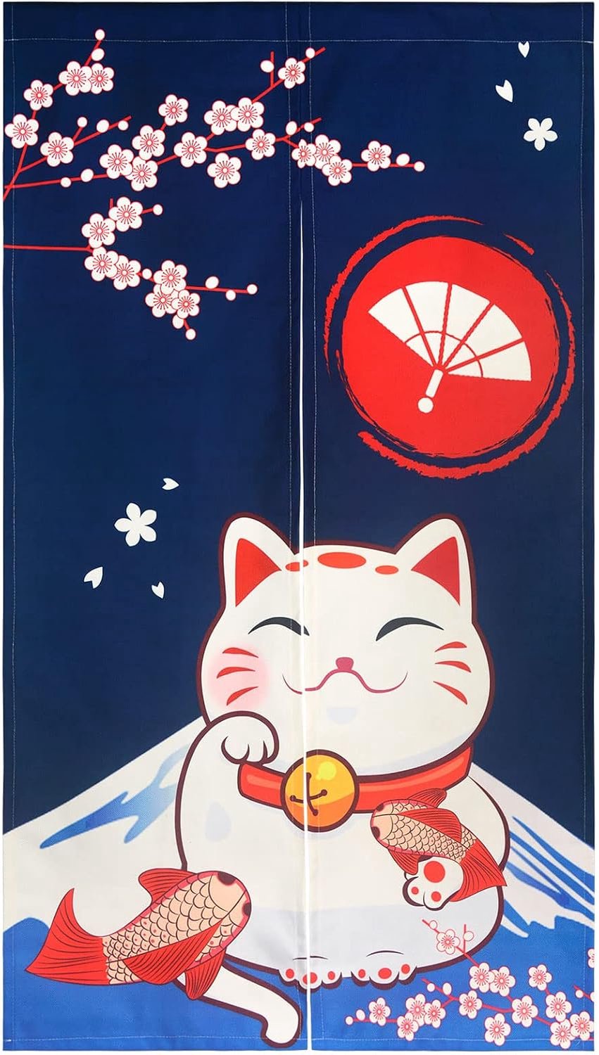 LIGICKY Noren Doorway Curtain Japanese Style Traditional Mountain Fuji Lucky Cat Cherry Blossom Printed Cotton Linen - ShopVlot