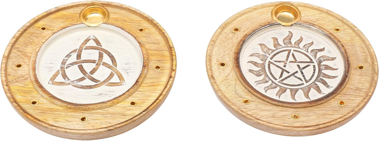 Set Of 2 Handcrafted Wooden Incense Holder with Brass Inlay - Round Agarbatti & Dhoop Stand - ShopVlot