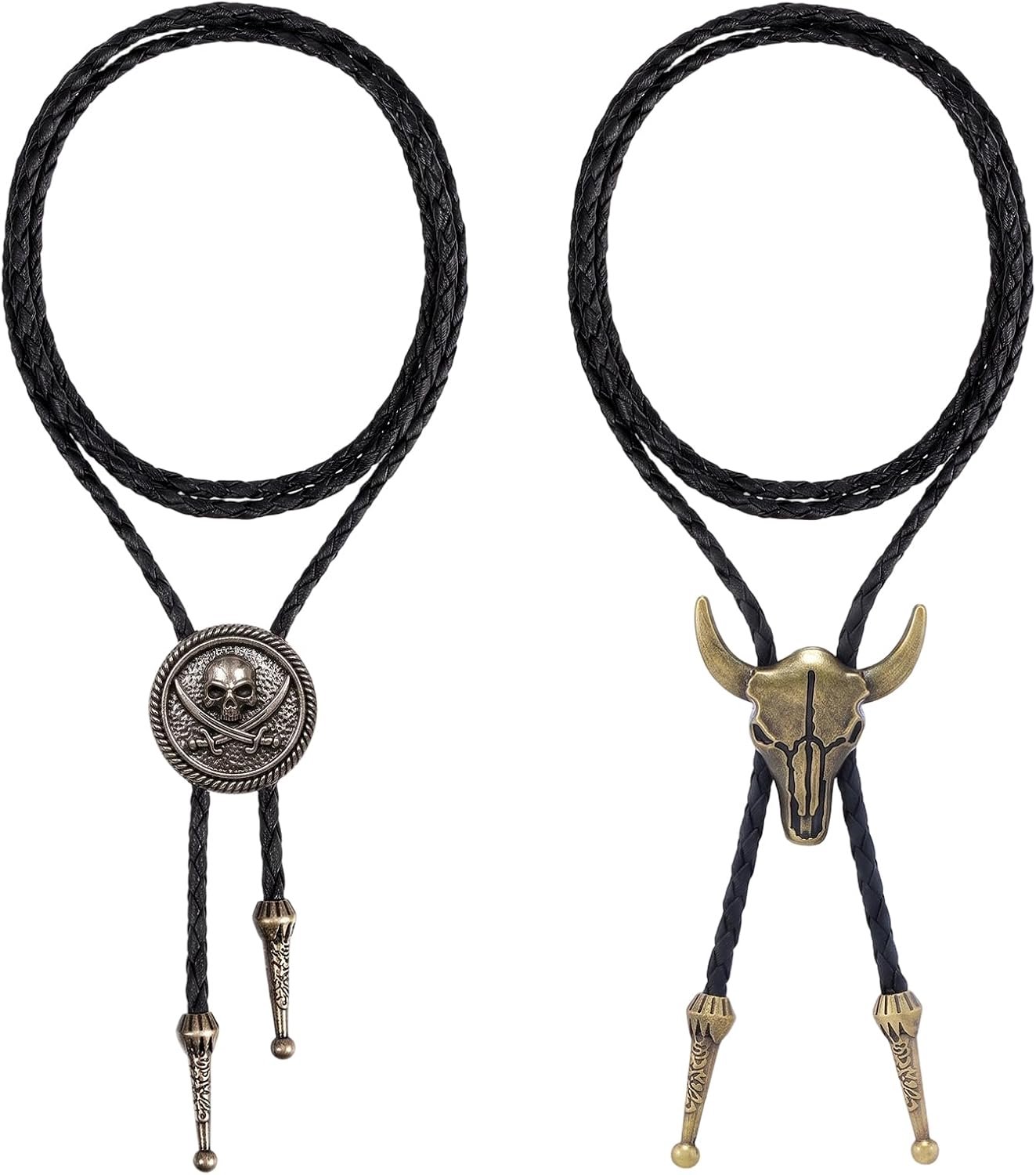 Set van 2 Western Bolo Tie halskettingen met doodshoofd en stierkop, verstelbare cowboy-halsketting in countrystijl - ShopVlot