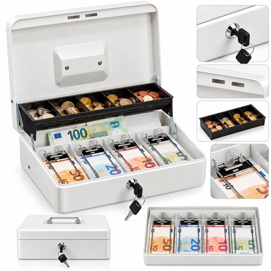 Wit geldkistje van metaal met sleutel, gevuld met bankbiljetten (100, 50, 20, 10 euro) en munten. Met uitneembare muntlade.