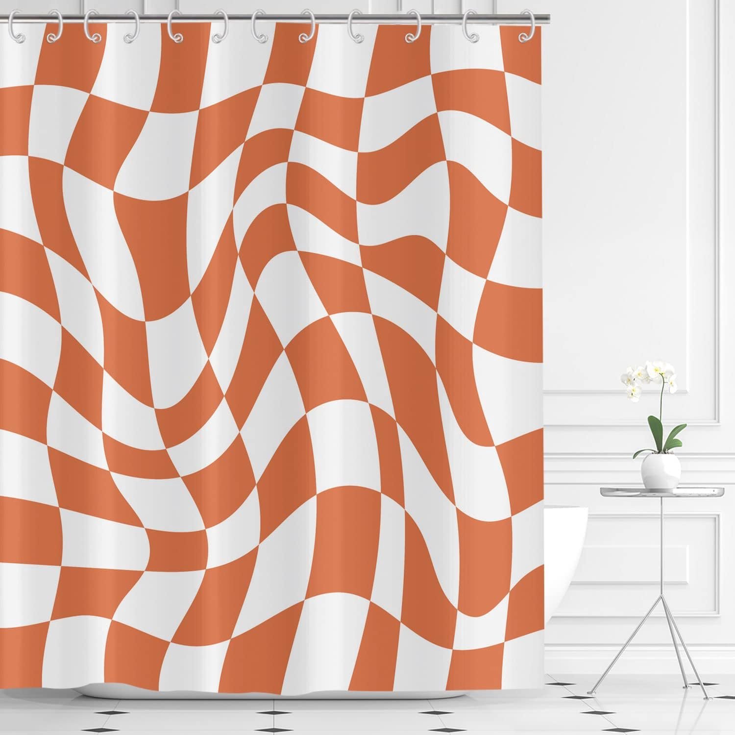 Orange Groovy Checkerboard Shower Curtain 180x200, 70s Retro Modern Abstract Psychedelic Groovy Wavy Aesthetic Hippie - ShopVlot
