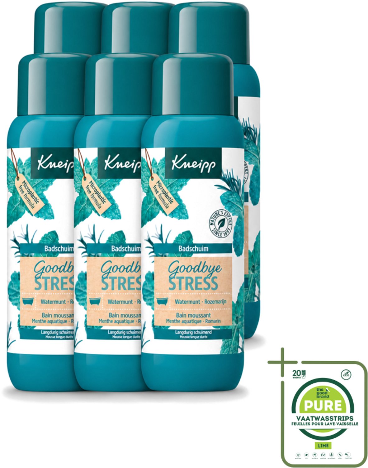 6 x Kneipp - Badschuim - Goodbye Stress - Watermunt & Rozemarijn - 400 ml - Grootverpakking - Vaatwasstrips - Stressvermindering - Badschuim - Watermunt - Rozemarijn - Ontspanning