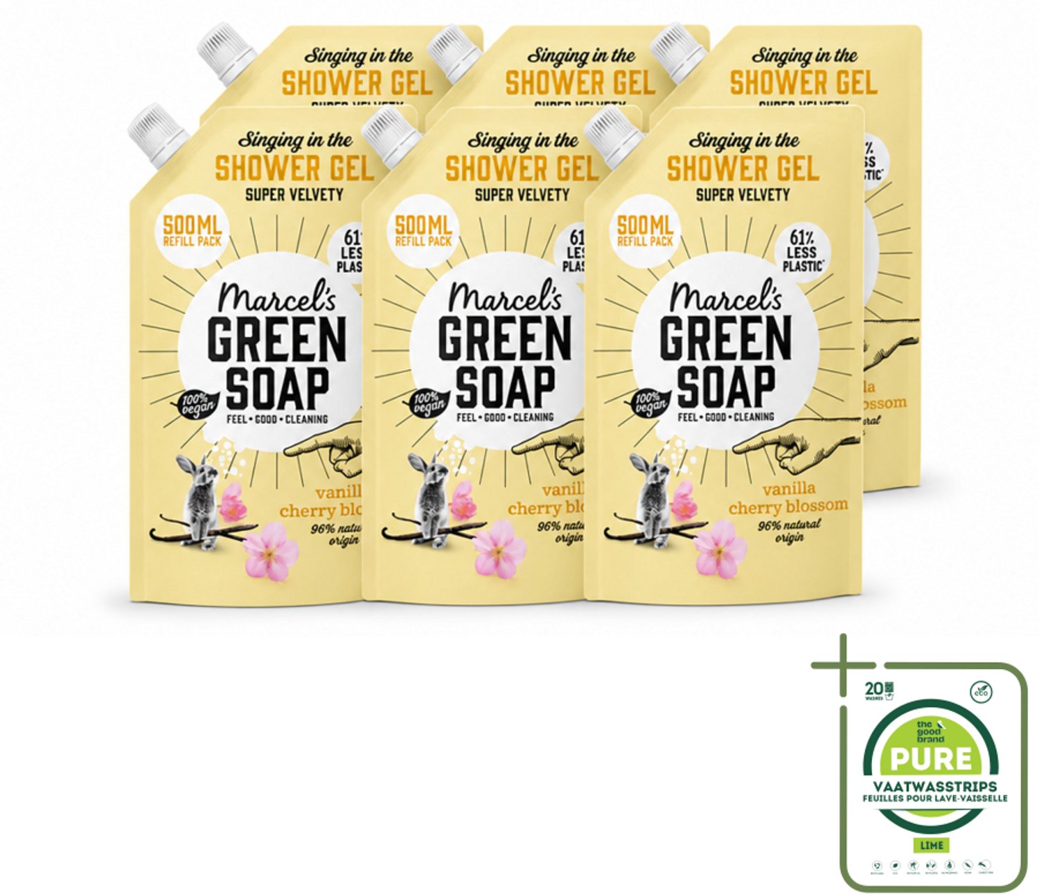 6 x Marcel's Green Soap - Shower Gel - Navulling - Vanille & Kersenbloesem - Krachtige werking - 500 ml - Grootverpakking - Vaatwasstrips - Douchegel - Natuurlijke Douchegel - Ecologische Douchegel - Vegan Douchegel - Biologische Douchegel