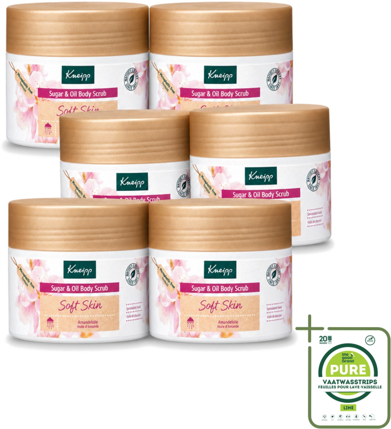 6 x Kneipp - Body scrub - Sugar & Oil - Soft Skin - Voor droge en gevoelige huid - 220 g - Grootverpakking - Vaatwasstrips - Huidverzorging - Suiker Scrubb - Amandelolie - Droge Huid - Gevoelige Huid