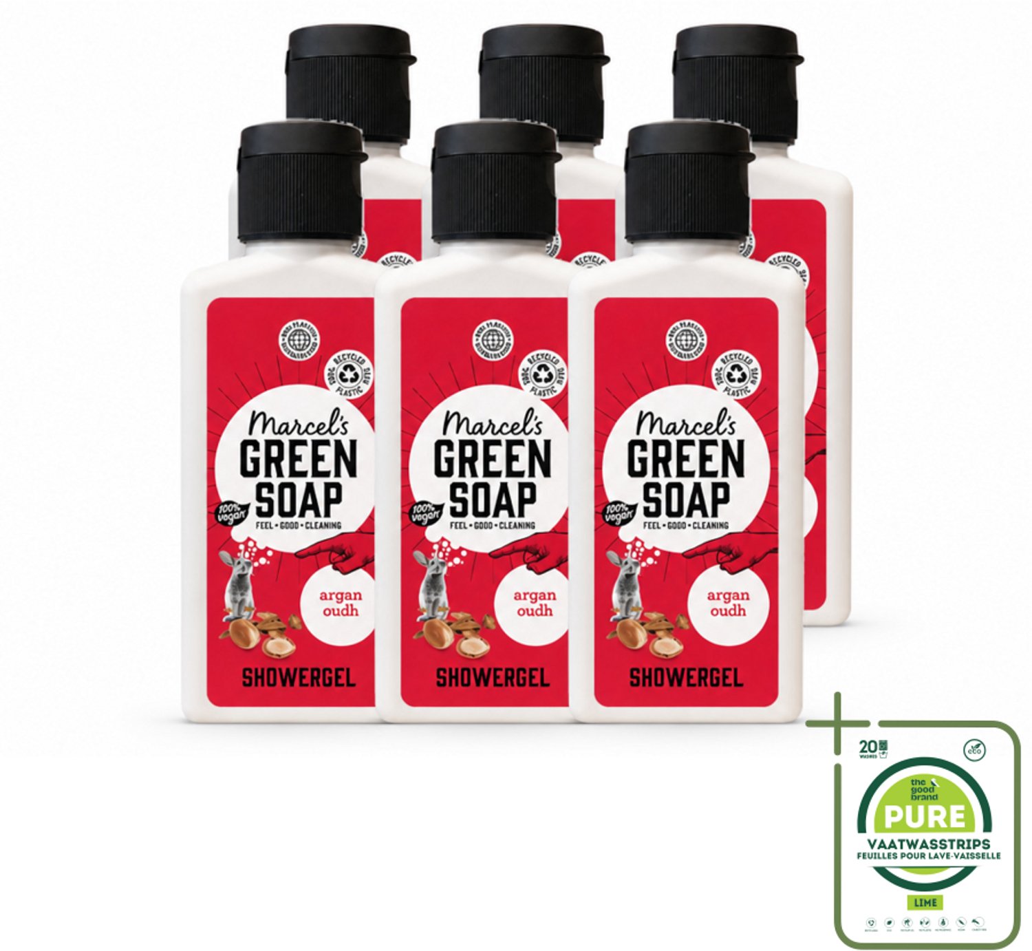 6 x Marcel's Green Soap - Douchegel - Argan & Oudh Mini - Krachtige werking - 100 ml - Grootverpakking - Vaatwasstrips - Douchegel - Argan En Oudh - Natuurlijke Douchegel - Vegan Douchegel - Biologische Douchegel