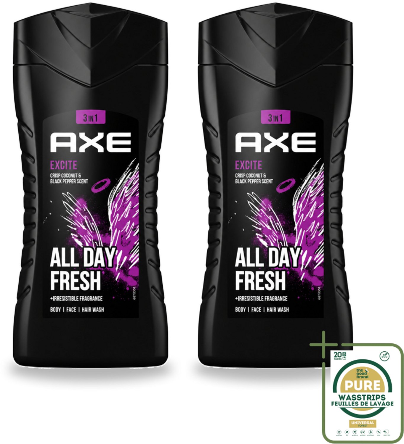 2 x AXE - 3-in-1 Douchegel - Excite - Lichaam, Gezicht & Haar - Verleidelijke Geur - 250 ml - Wasstrips - Douchegel Mannen - Douchegel Gezicht - Douchegel Haar - Douchegel Excite - Douchegel 3 In 1