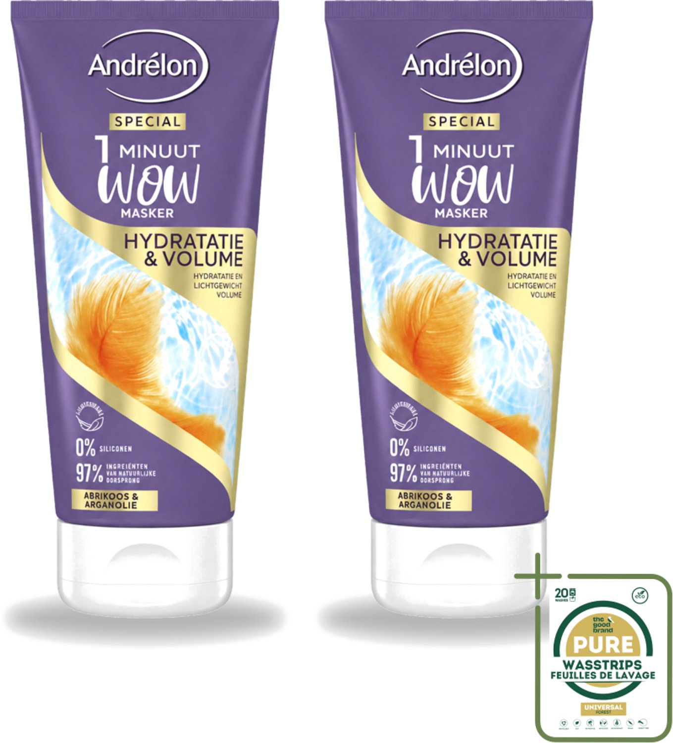 2 x Andrélon - WOW - 1 Minuut Masker - Hydratatie & Volume - 180 ml - Wasstrips - 1 Minuut Masker - Haarhydratatie - Haarvolume - Fijn Haar Verzorging - Luchtig Haar