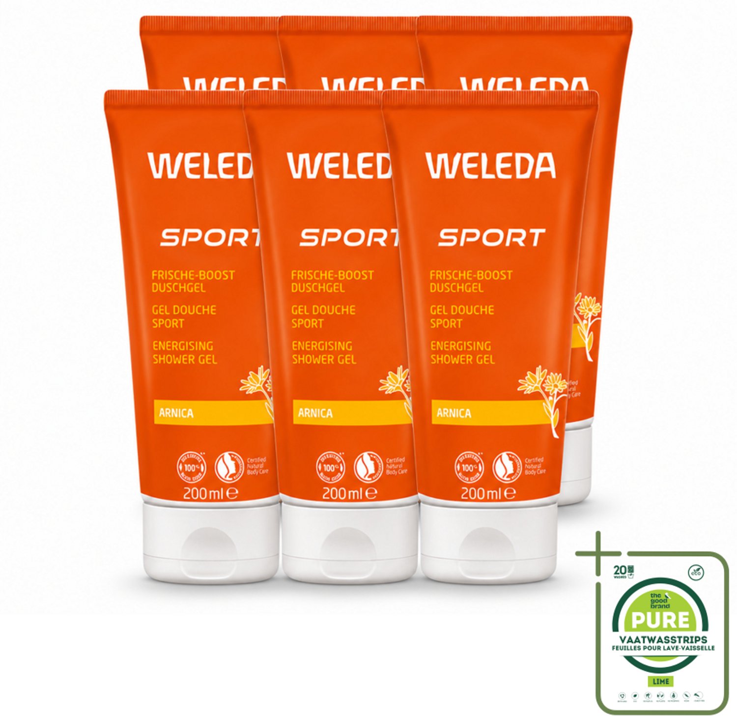 6 x WELEDA - Douchegel Sport - Arnica - 200 ml - Grootverpakking - Vaatwasstrips - Sportdouchegel - Herstel - Arnica - Natuurlijke Douchegel - Spierherstel