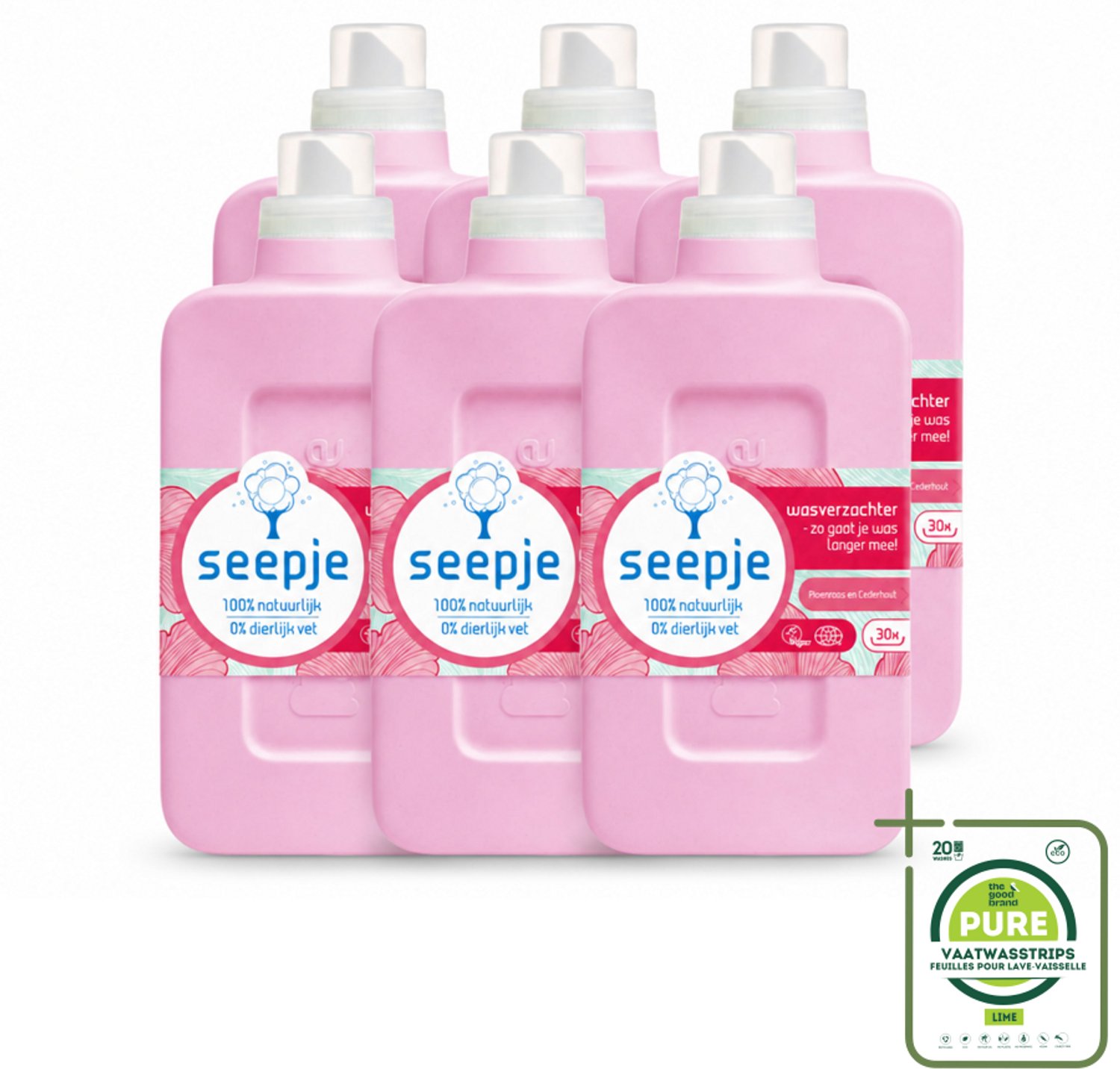 6 x Seepje - Wasverzachter - Geurige Verzorging - Pioenroos en Cederhout - 30 Wasbeurten - 750 ml - Grootverpakking - Vaatwasstrips - Wasverzachter - Natuurlijke Wasverzachter - Pioenroos - Cederhout - Wasverzachter Pioenroos