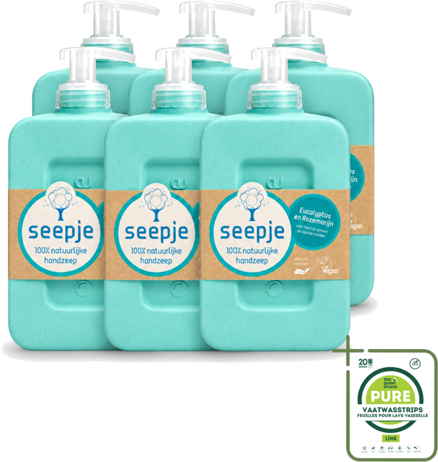 6 x Seepje - Handzeep - Eucalyptus met Rozemarijn - 300 ml - Antiseptische Geur - Grootverpakking - Vaatwasstrips - Handzeep - Eucalyptus - Rozemarijn - Natuurlijke Handzeep - Antiseptische Handzeep