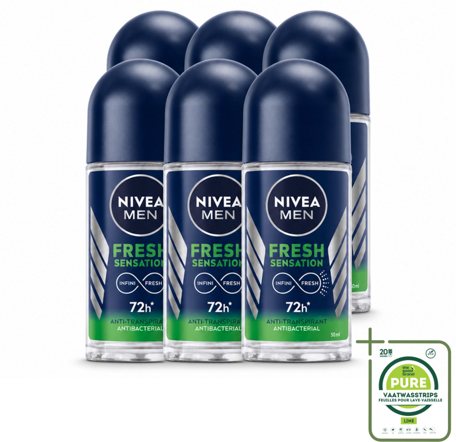 6 x NIVEA MEN - Deodorant Roller - Fresh Sensation - 50 ml - Grootverpakking - Anti-transpirant - Frisheid - Geur - Huidbescherming - Mannelijke Geur