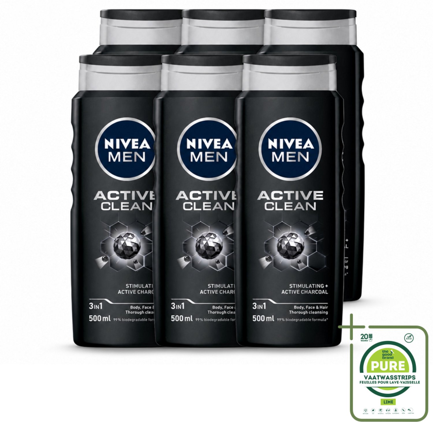 6 x NIVEA MEN - Douchegel - Active Clean - 500 ml - Grootverpakking - Vaatwasstrips - Douchegel Mannen - Actief Houtskool - Reinigende Douchegel - Lichaam Reinigen - Gezicht Reinigen