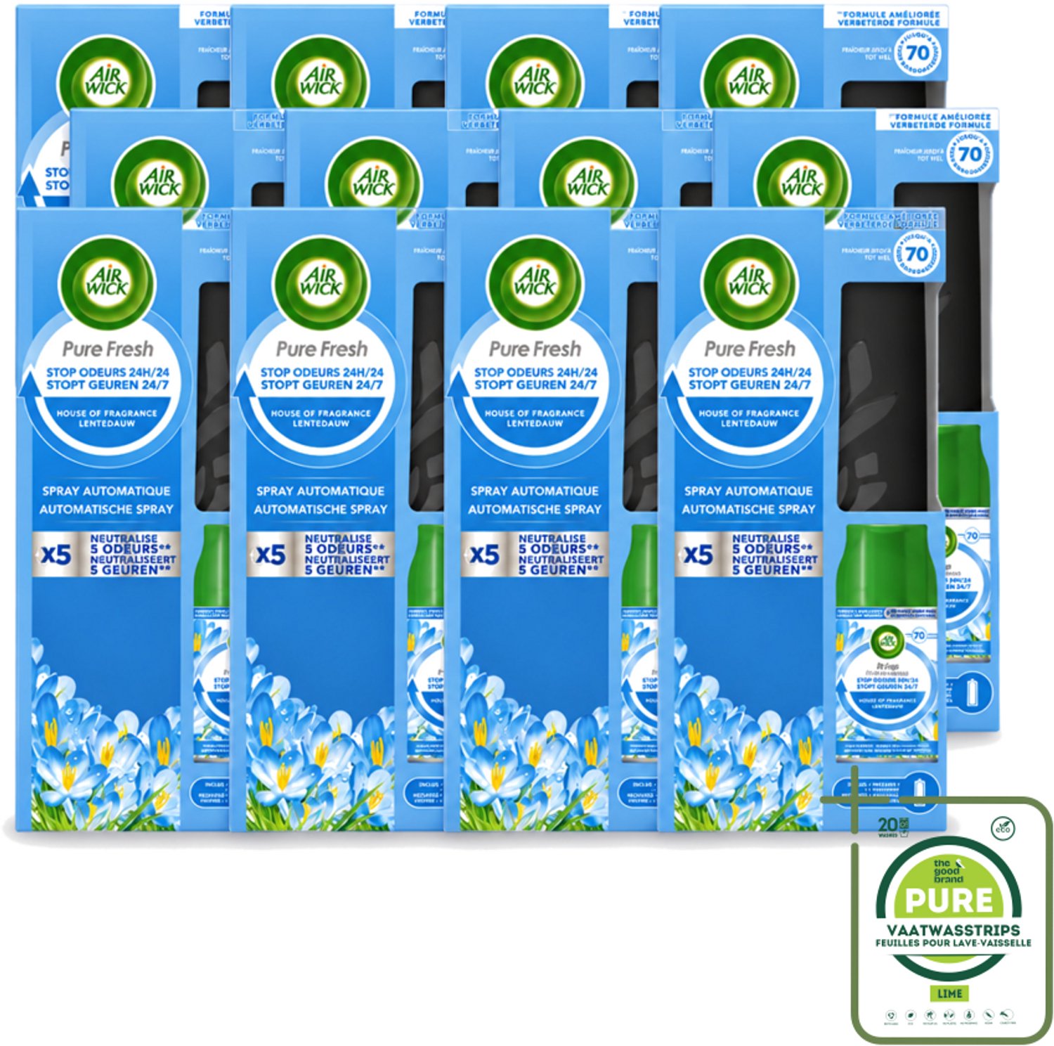12 x Air Wick - Freshmatic Spray - Starterkit - Pure Fresh Lentedauw - 250 ml - Grootverpakking - Vaatwasstrips - Automatische Geurverneveling - Lentegeur - Frisse Geur - Luchtverfrisser - Geurverspreiding