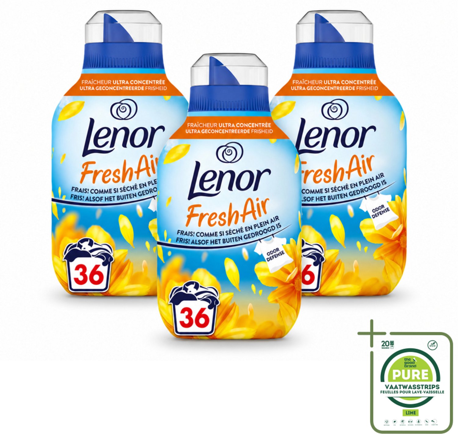3 x Lenor - Wasverzachter - Fresh Air Zonnestralen - Ultra Geconcentreerd - 36 Wasbeurten - Grootverpakking - Vaatwasstrips - Wasverzachter - Buitenfrisheid - Zomerse Geur - Geurbescherming - Wasmachine