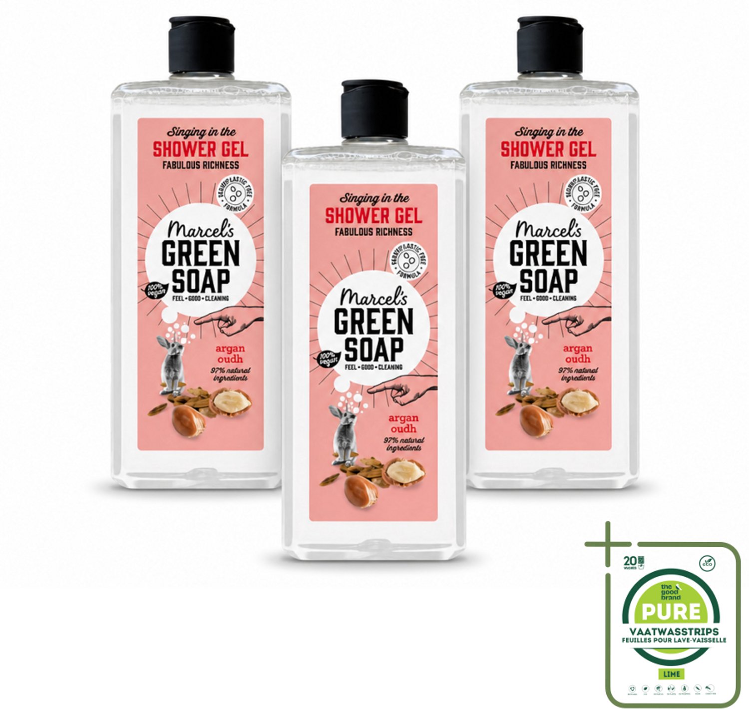 3 x Marcel's Green Soap - Douchegel - Argan & Oudh - Verzorgend & zacht - 300 ml - Grootverpakking - Vaatwasstrips - Douchegel - Argan - Oudh - Natuurlijke Douchegel - Vegan Douchegel
