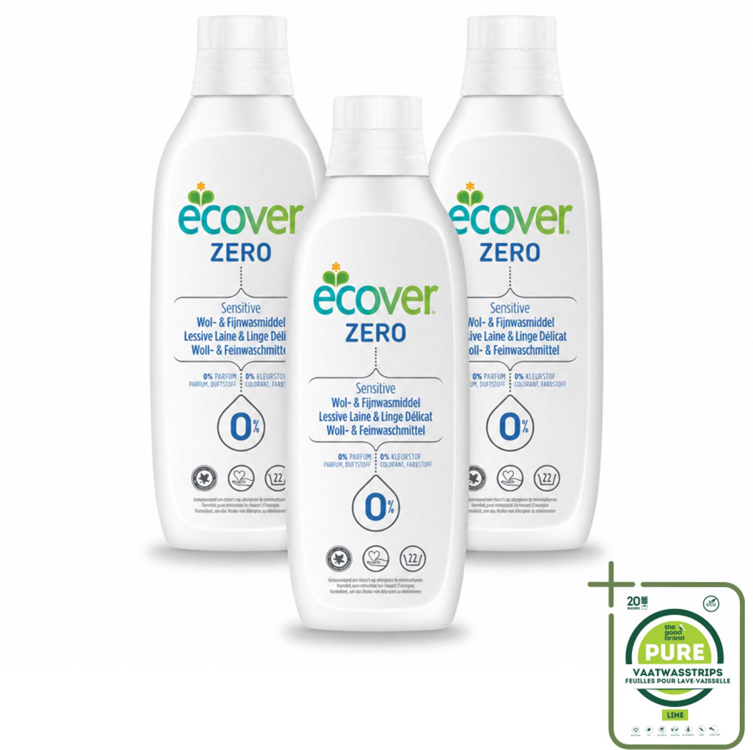 3 x Ecover - Vloeibaar wasmiddel - Wol & Fijnwas - 1 liter - Grootverpakking - Vaatwasstrips - Wasmiddel Wol - Vloeibaar Wasmiddel - Zacht Wasmiddel - Delicate Stoffen - Zacht Was