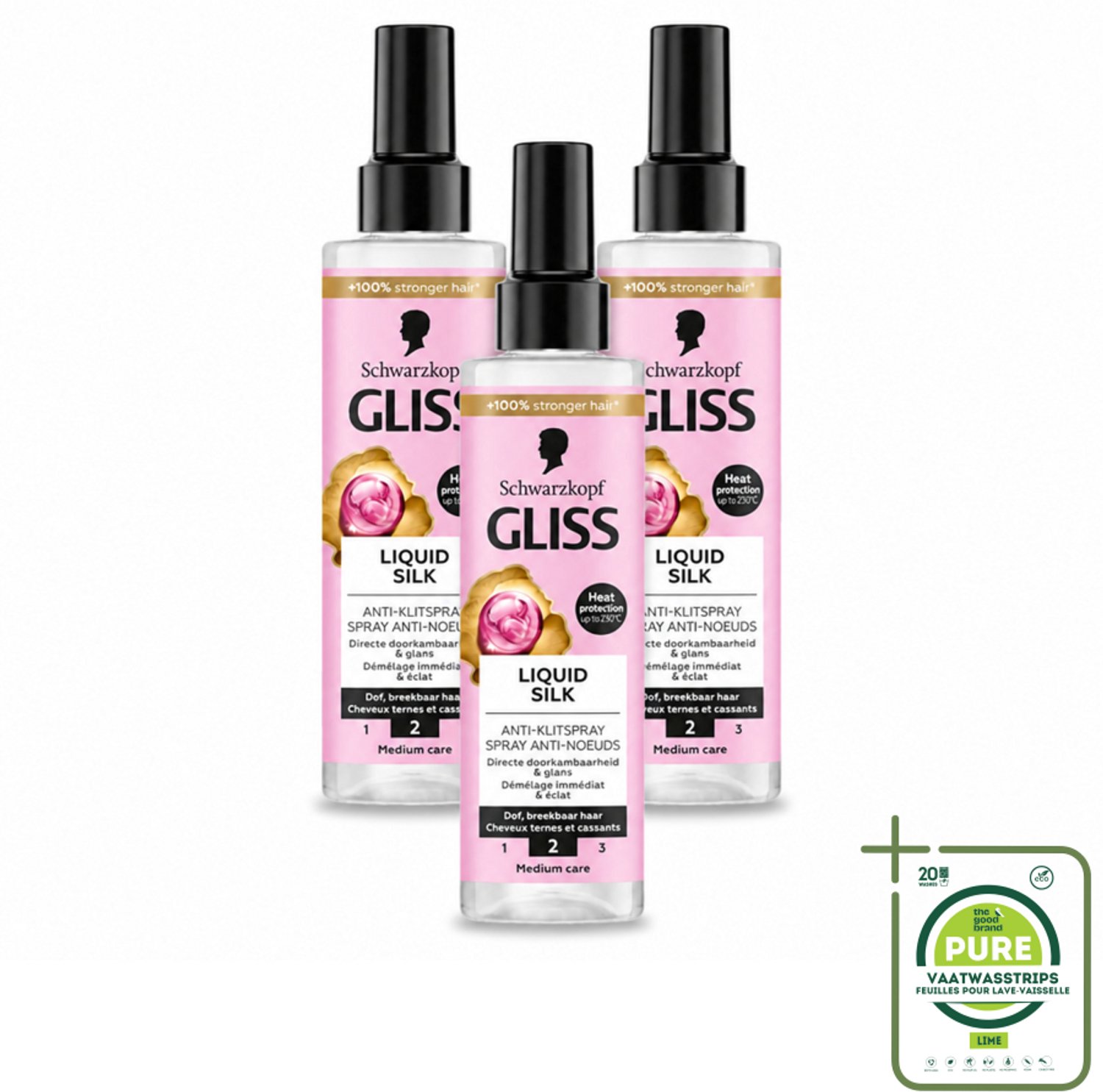3 x Gliss - Anti-Klit Spray Liquid Silk Gloss voor Glanzend en Klitvrij Haar - 200 ml - Grootverpakking - Vaatwasstrips - Ontwarren Haar - Glansspray - Klitten Losmaken - Zijdeproteïnen - Doorkambaarheid