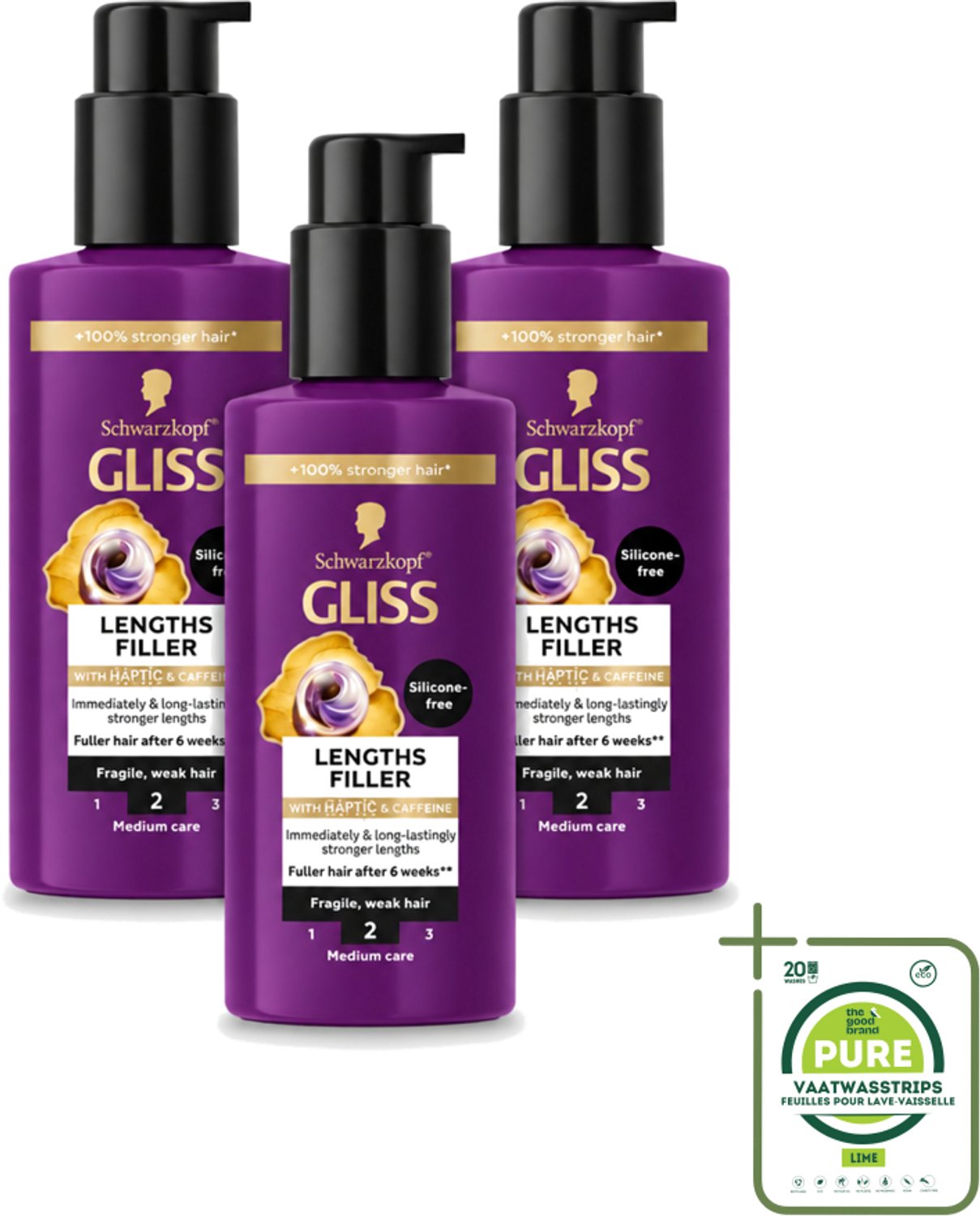 3 x Gliss - Haarserum - Lengths Filler - Siliconenvrij met Cafeïne - Voor Sterker Haar - 100 ml - Grootverpakking - Vaatwasstrips - Haarserum - Cafeïne - Haarversterking - Haarbreuk - Haarstructuur
