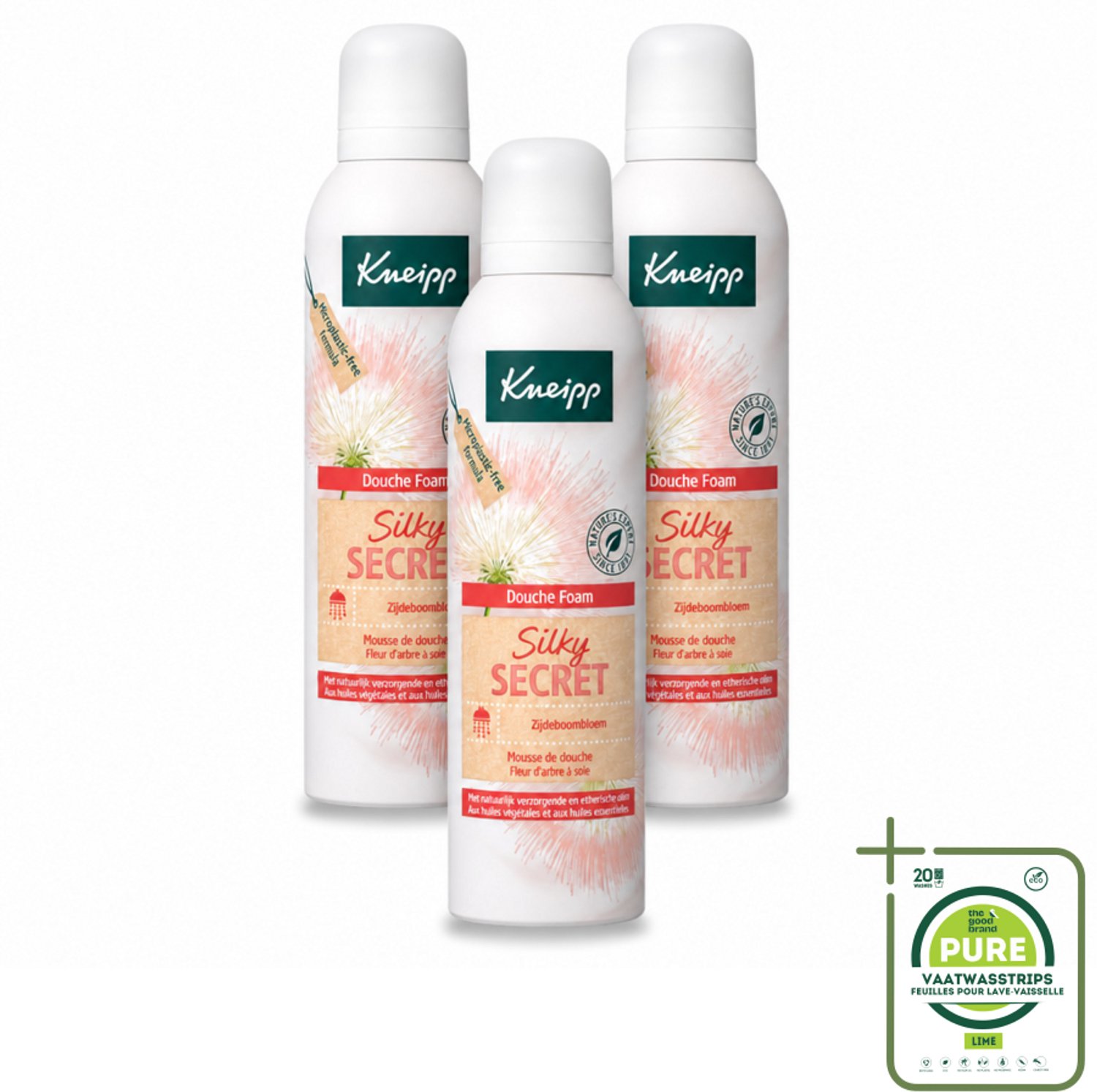 3 x Kneipp - Douche schuim - Silky Secret - Zijdeboombloesem - 200 ml - Grootverpakking - Vaatwasstrips - Douche Foam - Zijde - Bloemige Geur - Natuurlijke Melkproteïnen - Schuim
