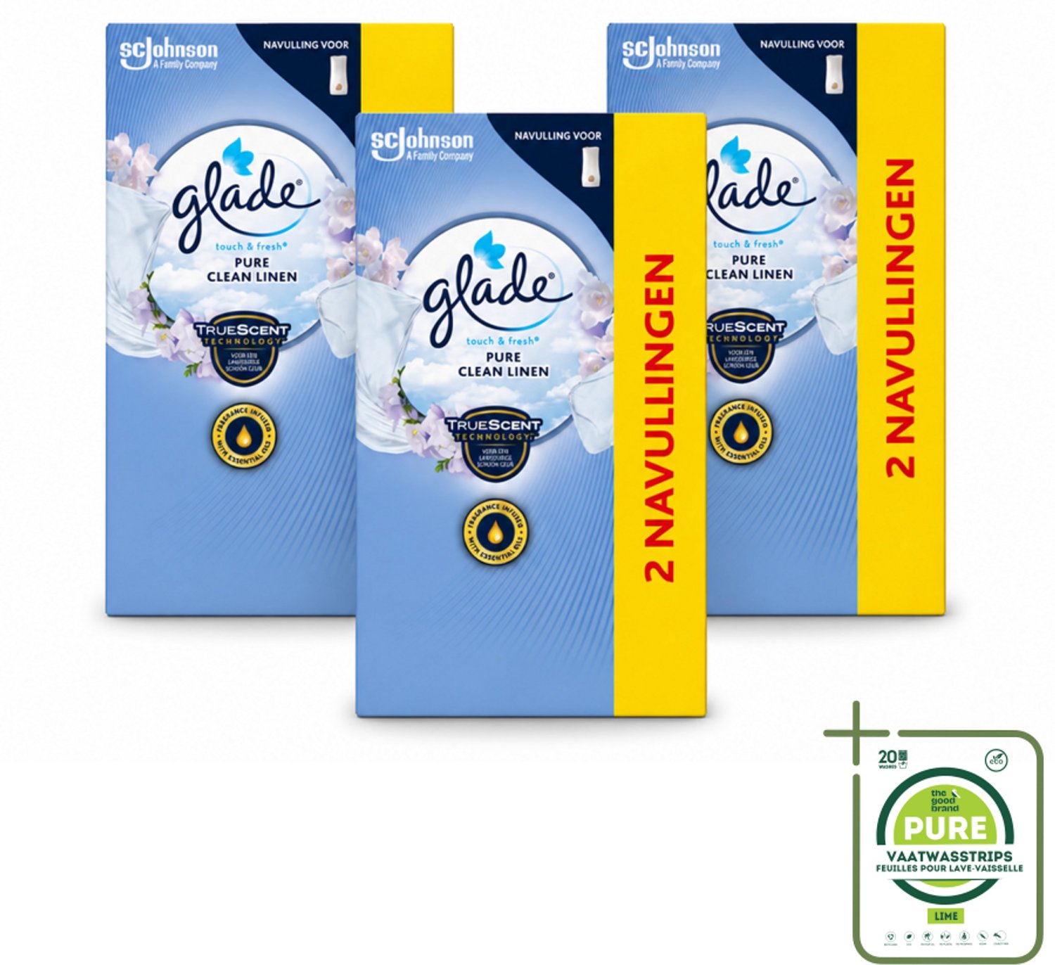 3 x Glade - Touch & Fresh Navulling - Pure Clean Linen - 2 × 10 ml - Grootverpakking - Navulling - Geur - Frisheid - Linen - Bloemige Geur