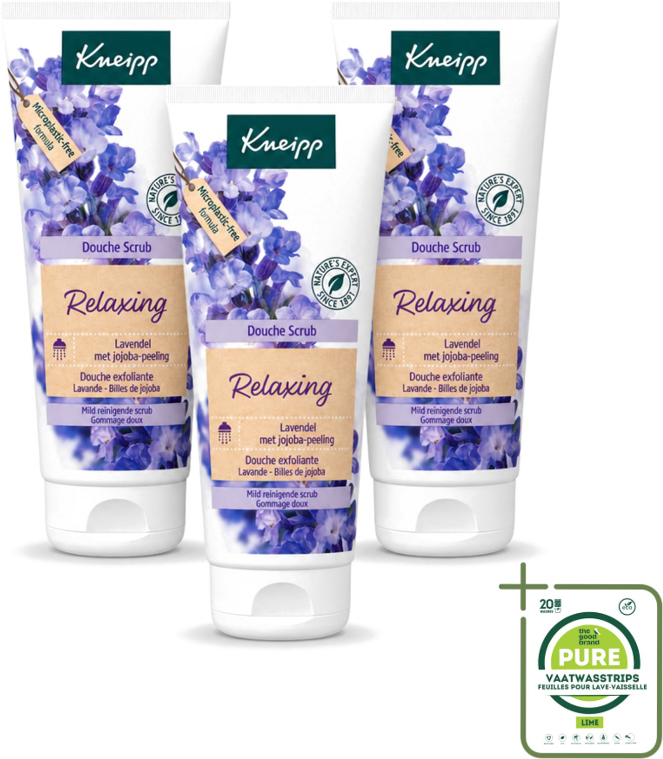 3 x Kneipp - Douche scrub - Relaxing - Lavendel - Bloemige geur - 200 ml - Grootverpakking - Vaatwasstrips - Douche Scrub - Ontspanning - Lavendel - Huidverzorging - Exfoliatie