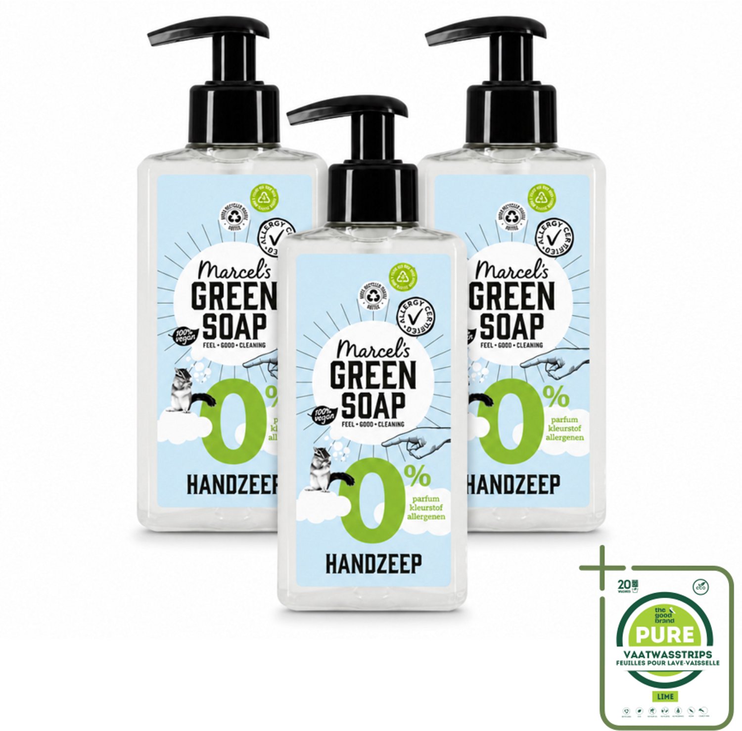 3 x Marcel's Green Soap - Handzeep 0% - Zachte verzorging - 250 ml - Grootverpakking - Vaatwasstrips - Handzeep 0% - Gevoelige Huid - Milde Handzeep - Plantaardige Glycerine - Allergiegecertificeerd