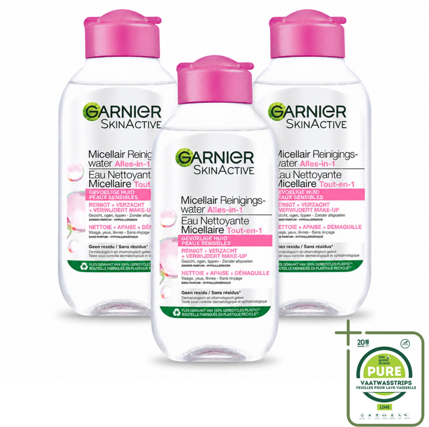 3 x Garnier - SkinActive - Micellair Reinigingswater - Gevoelige Huid - Reisformaat - 100 ml - Grootverpakking - Vaatwasstrips - Micellair Reinigingswater - Gevoelige Huid - Make-up Verwijderen - Reinigen Zonder Afspoelen - Gezichtsreiniger
