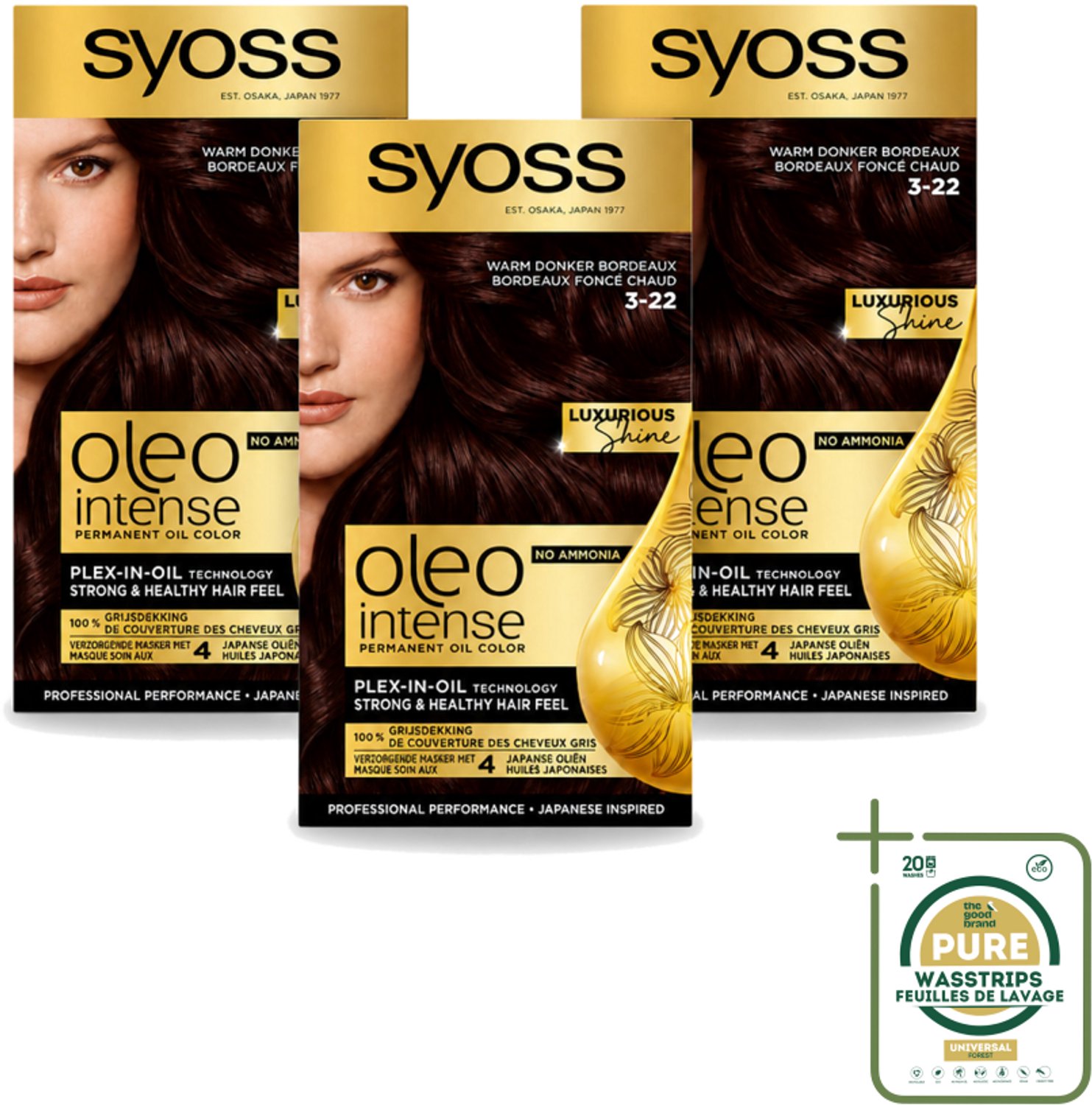3 x SYOSS - Oleo Intense 3-22 - Haarverf - Permanente Haarkleuring - Warm Donker Bordeaux - Langdurige Kleur - Wasstrips - Haarverf - Permanent Haarverf - Warm Bordeaux - Donker Rood - Haarkleur