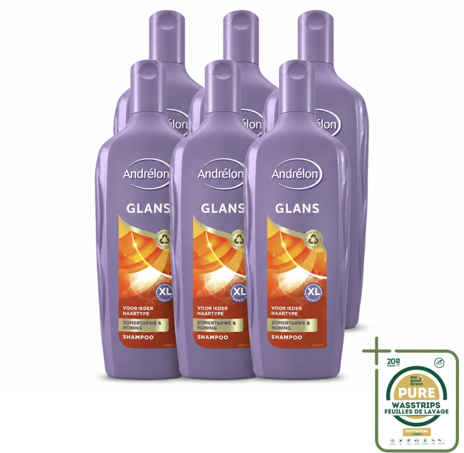 6 x Andrélon - Glans - Shampoo - 450 ml - Wasstrips - Haar Verzorging - Natuurlijke Glans - Zomertarwe Shampoo - Honing Shampoo - Gezond Haar