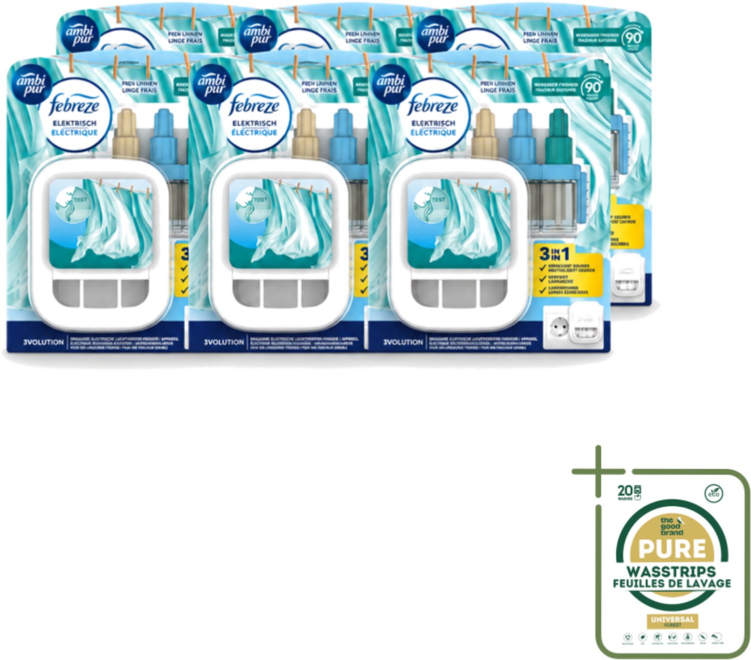 6 x Ambi Pur - 3Volution - Starterkit - Fresh Linnen - 20 ml - Wasstrips - Luchtverfrisser - Geurwisseltechnologie - Fris Geur - Geurverspreiding - Geurautomatisch