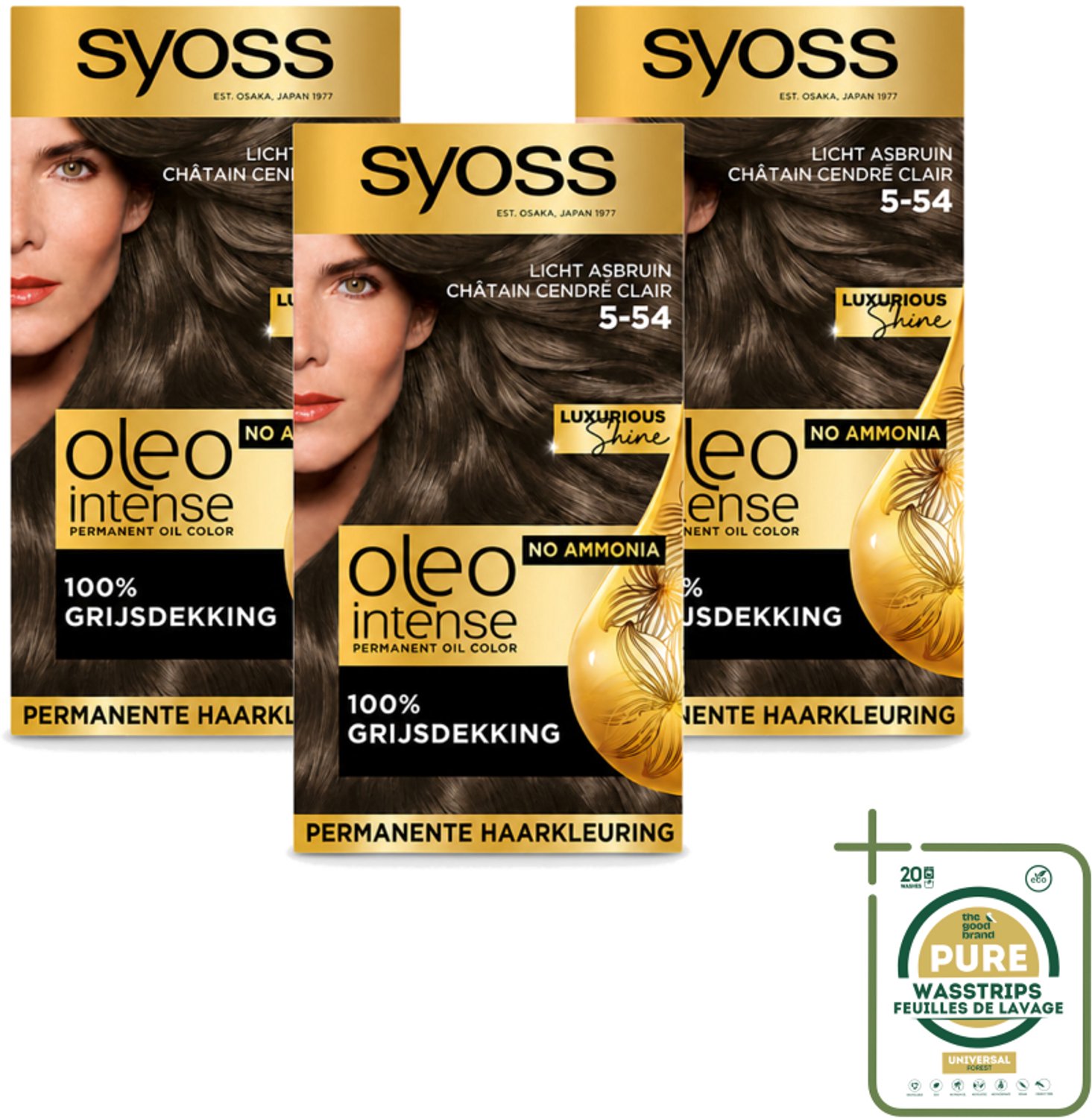 3 x SYOSS - Oleo Intense 5-54 Licht As Bruin - Haarverf - Zonder Ammoniak - Grijsdekking - Langdurige Kleur - Wasstrips - Haarverf - Haarkleur - Haarkleuringsproduct - Haarverf Zonder Ammoniak - Grijsdekking