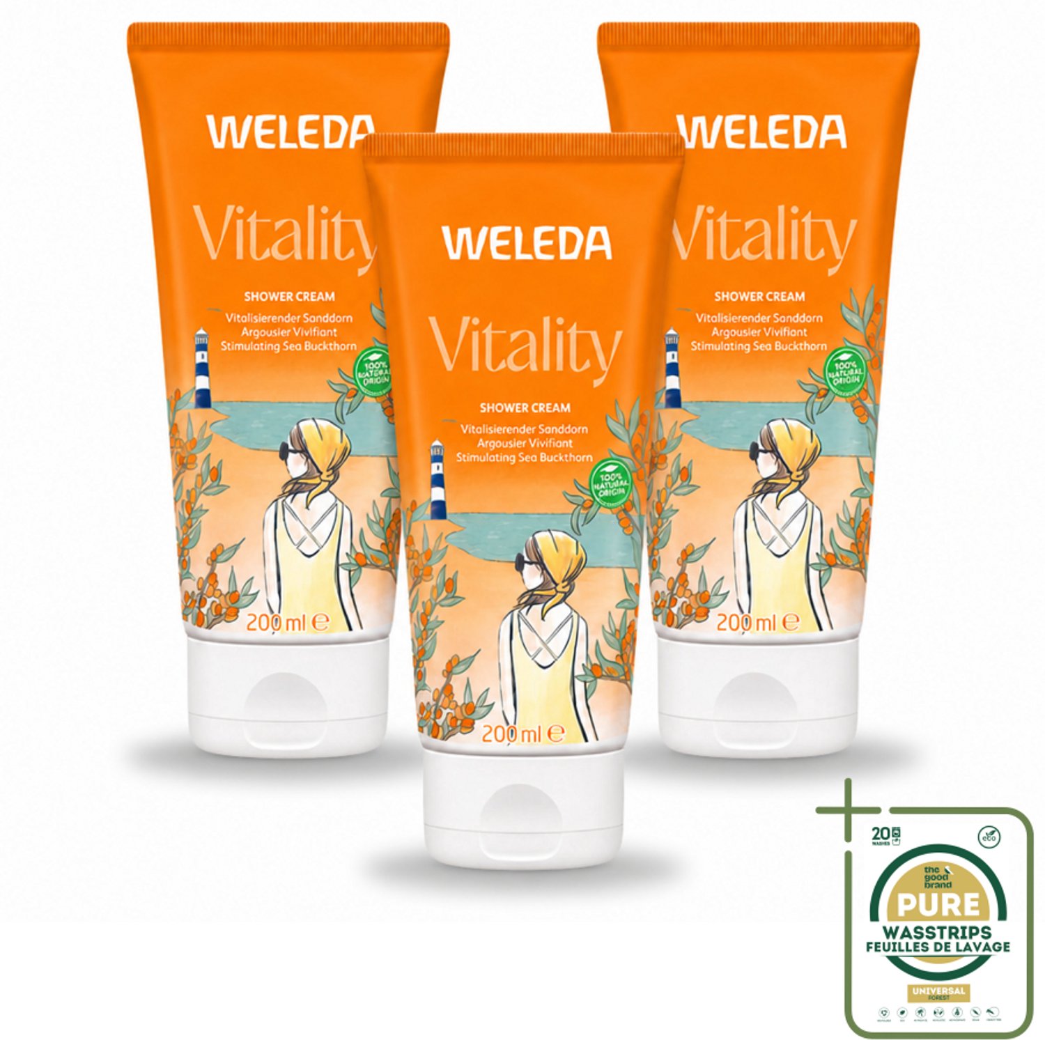 3 x WELEDA - Douchecrème Duindoorn Vitality - 200 ml - Wasstrips - Douchecrème - Duindoorn - Natuurlijke Douchecrème - Vitaliteit - Huidverzorging
