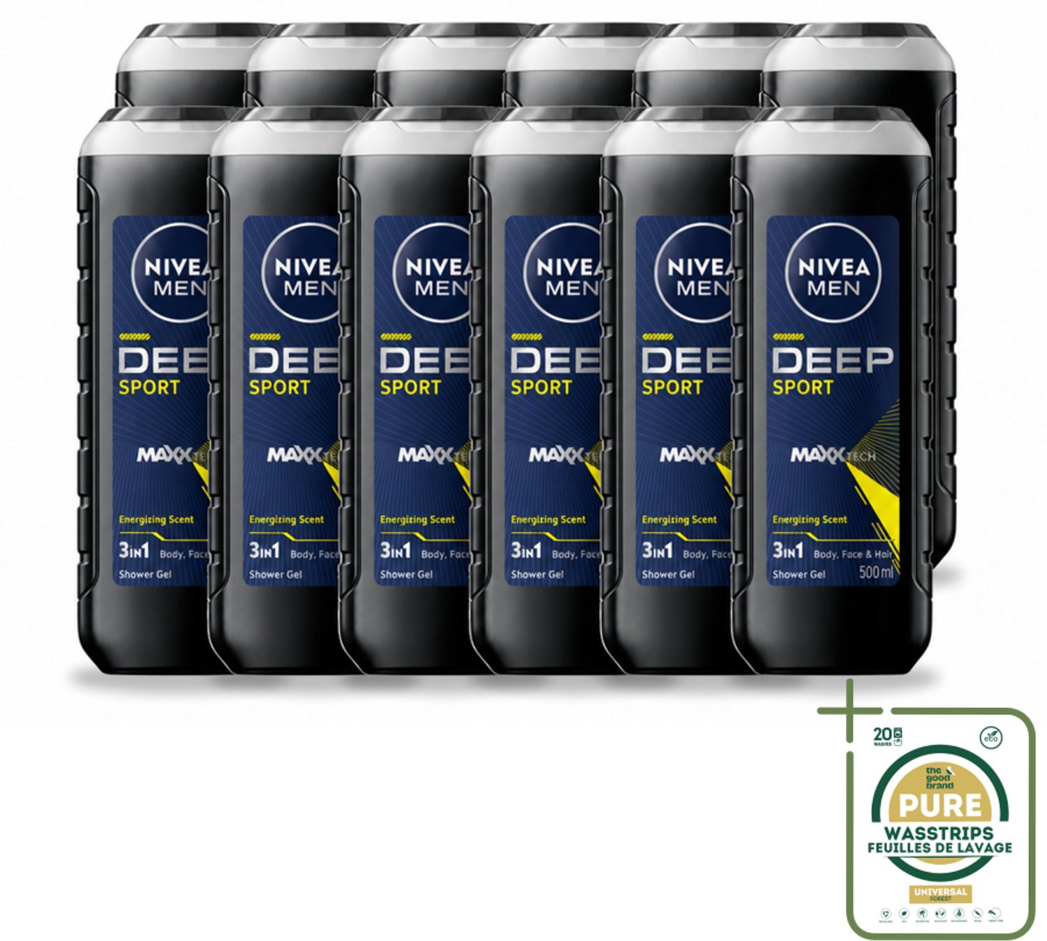 12 x NIVEA MEN - Douchegel - Deep Sport - 500 ml - Wasstrips - Douchegel Voor Mannen - Sportdouchegel - Frisse Douchegel - Mannelijke Douchegel - Diepe Reiniging