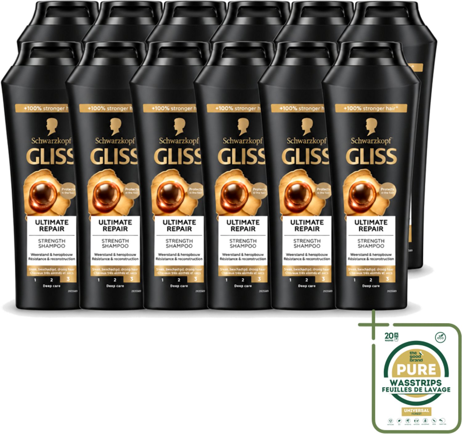 12 x Gliss - Shampoo - Ultimate Repair - Voor Intensief Herstel - 250 ml - Wasstrips - Herstel Haar - Beschadigd Haar - Droog Haar - Haarbreuk - Keratine Shampoo
