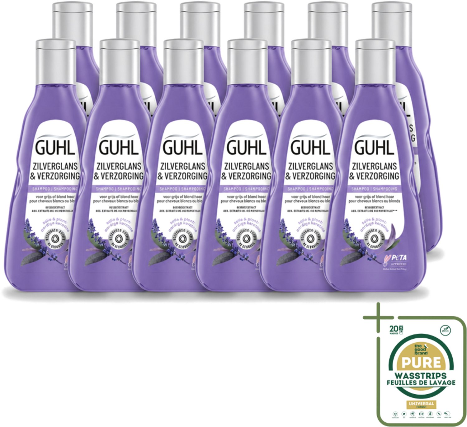 12 x Guhl - Shampoo - Zilverglans & Verzorging - 250 ml - Wasstrips - Zilverglans Shampoo - Anti-geel Shampoo - Grijs Haar Verzorging - Blond Haar Verzorging - Haarverzorging