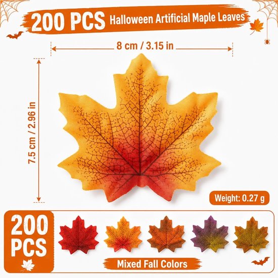 200 stuks kunstmatige esdoornbladeren, herfstbladeren, esdoornbladeren, imitatie, decoratie voor Halloween, bruiloft, klaslokaal en herfstthemafeesten — afbeelding 4
