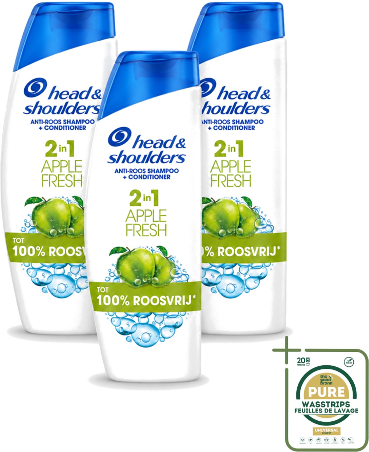 3 x Head & Shoulders - Shampoo - 2-in-1 - Apple Fresh - 100% Roosvrij - 300 ml - Wasstrips - Anti-roos Shampoo - Hoofdproblemen - Hoofdhuidgezondheid - Roosvrij Haar - Fris Haar
