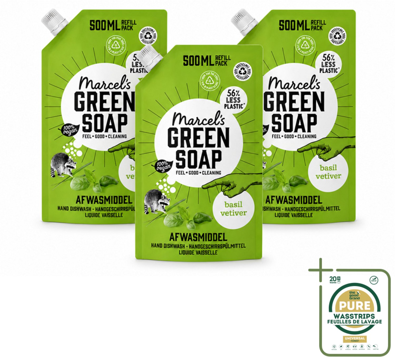 3 x Marcel's Green Soap - Navulling - Afwasmiddel - Basilicum & Vetiver Gras - Plantaardig & duurzaam - 500 ml - Afwasmiddel Basilicum Vetiver - Navulverpakking Afwasmiddel - Plantaardig Afwasmiddel - Duurzaam Afwasmiddel - Afwasmiddel 500 Ml