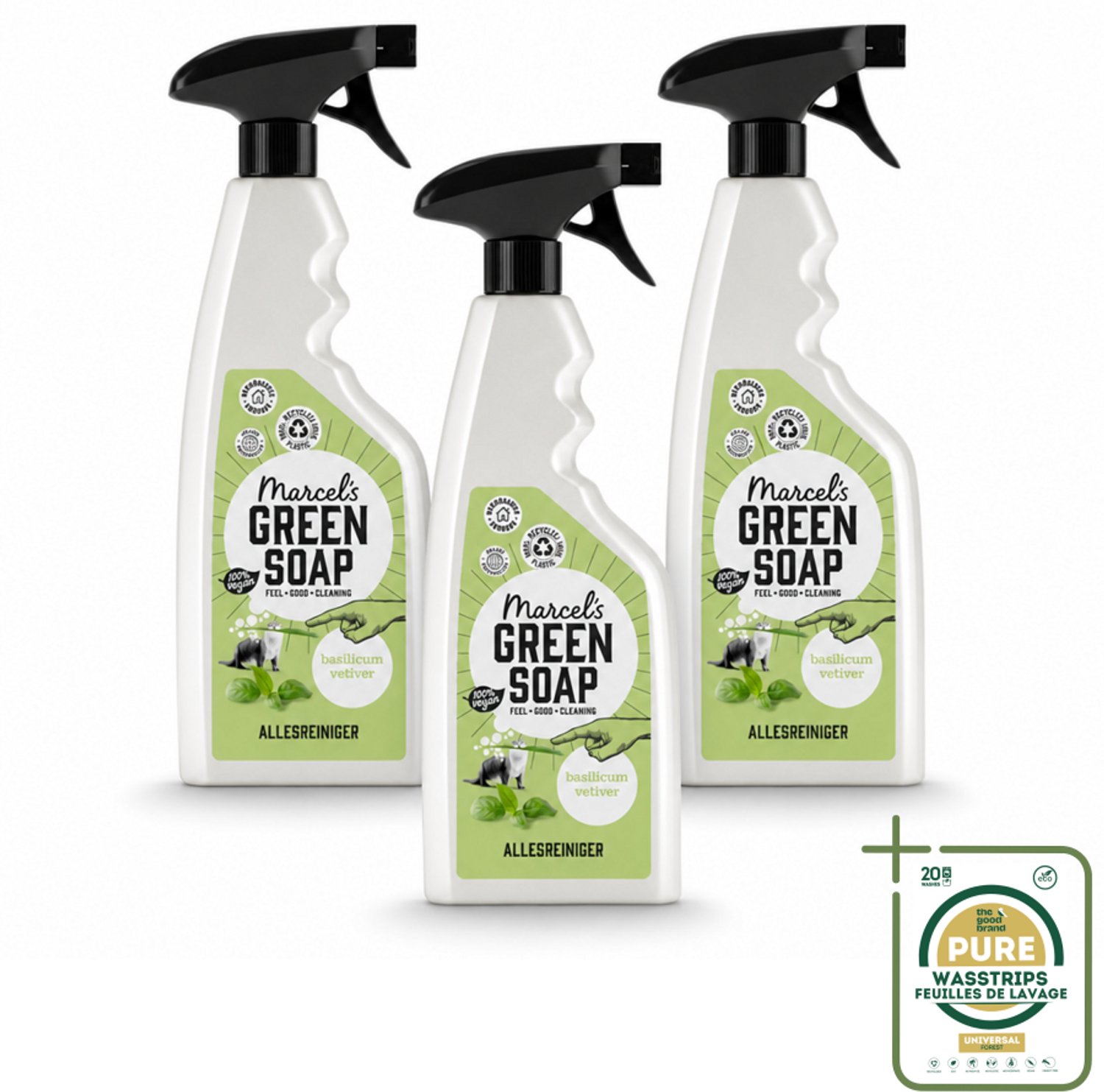 3 x Marcel's Green Soap - Allesreiniger Spray - Basilicum & Vetiver gras - Natuurlijk & effectief - 500 ml - Wasstrips - Allesreiniger Spray - Natuurlijke Reiniger - Vegan Reiniger - Milieuvriendelijke Reiniger - Vuil Verwijderen