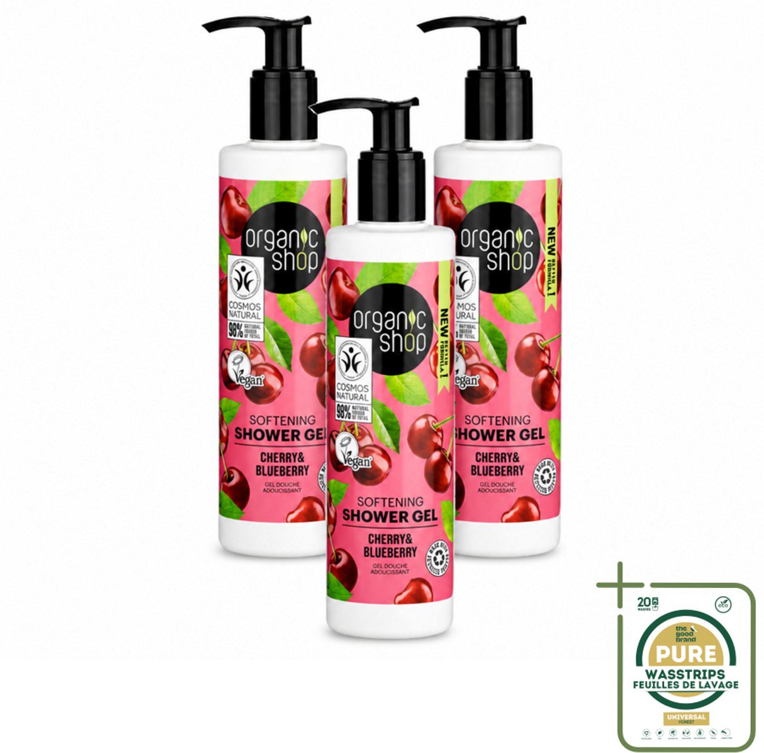 3 x Organic Shop - Douchegel Cherry & Blueberry - Verfrissend en Hydraterend - 280 ml - Wasstrips - Douchegel - Natuurlijke Douchegel - Hydraterende Douchegel - Biologische Douchegel - Kersenextract