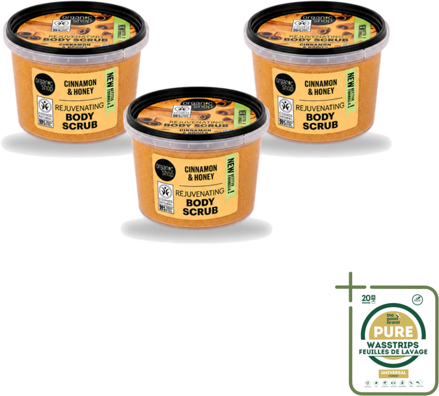 3 x Organic Shop - Rejuvenating Body Scrub Cinnamon - Exfoliërend en Hydraterend - 250 ml - Wasstrips - Exfoliatie - Huidvernieuwing - Kaneel - Natuurlijke Huidverzorging - Hydraterende Scrub