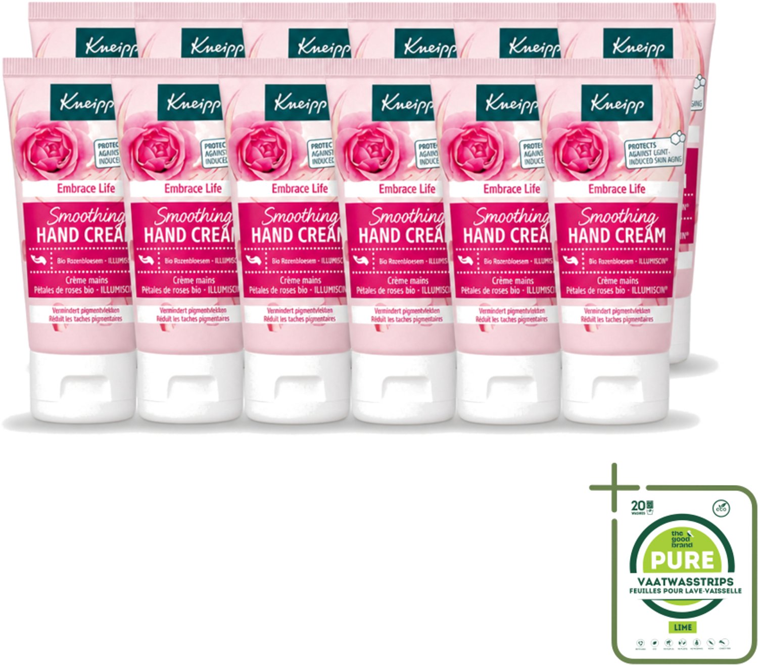 12 x Kneipp - Handcrème - Embrace Life - Anti‑Aging (ILLUMISCIN) - 50 ml - Grootverpakking - Vaatwasstrips - Handcrème - Anti-ouderdom - Pigmentvlekken - Huidveroudering - Vitamine E